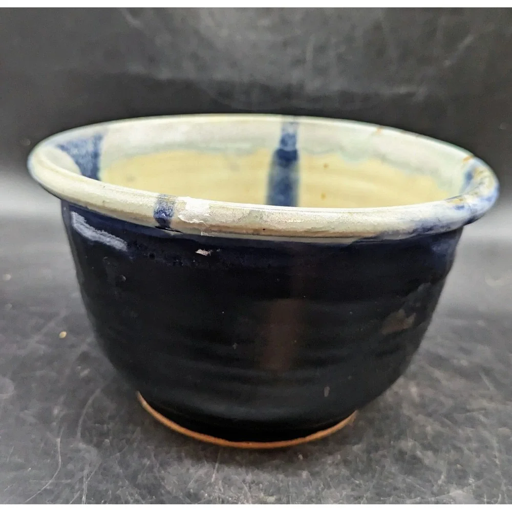 Vintage Handmade Studio Art Pottery Blue Drip Glaze Decorative Bowl Signed 7.5